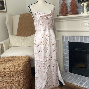 ~Maxi Slip Dress with Front Slit  Botanical Print on Blush Pink Size M